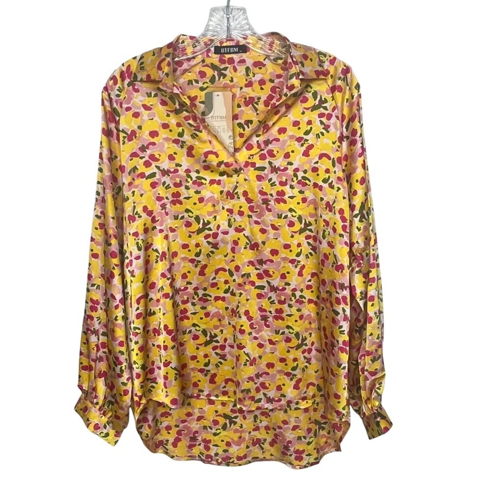 BTFBM Shirt Blouse Womens Medium Yellow Pink New Floral Print Button Up